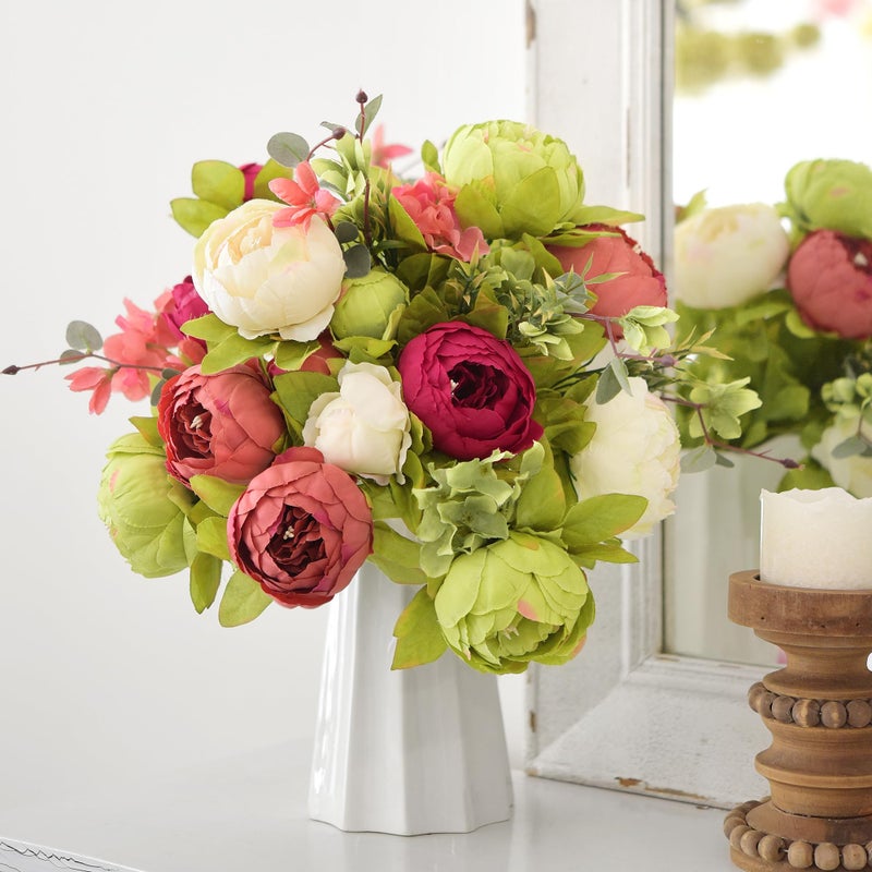 FiveSeasonStuff Country Barn Red Peony Bouquets, 2 Bundles Artificial Silk Flowers with Hydrangeas for Wedding Centerpieces & Home Decor - Image 2
